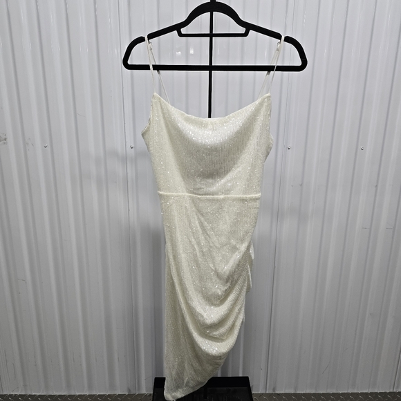 Express Cocktail & Party Sequin Cowl Neck Asymmetrical Hem Midi Dress - Picture 3 of 10